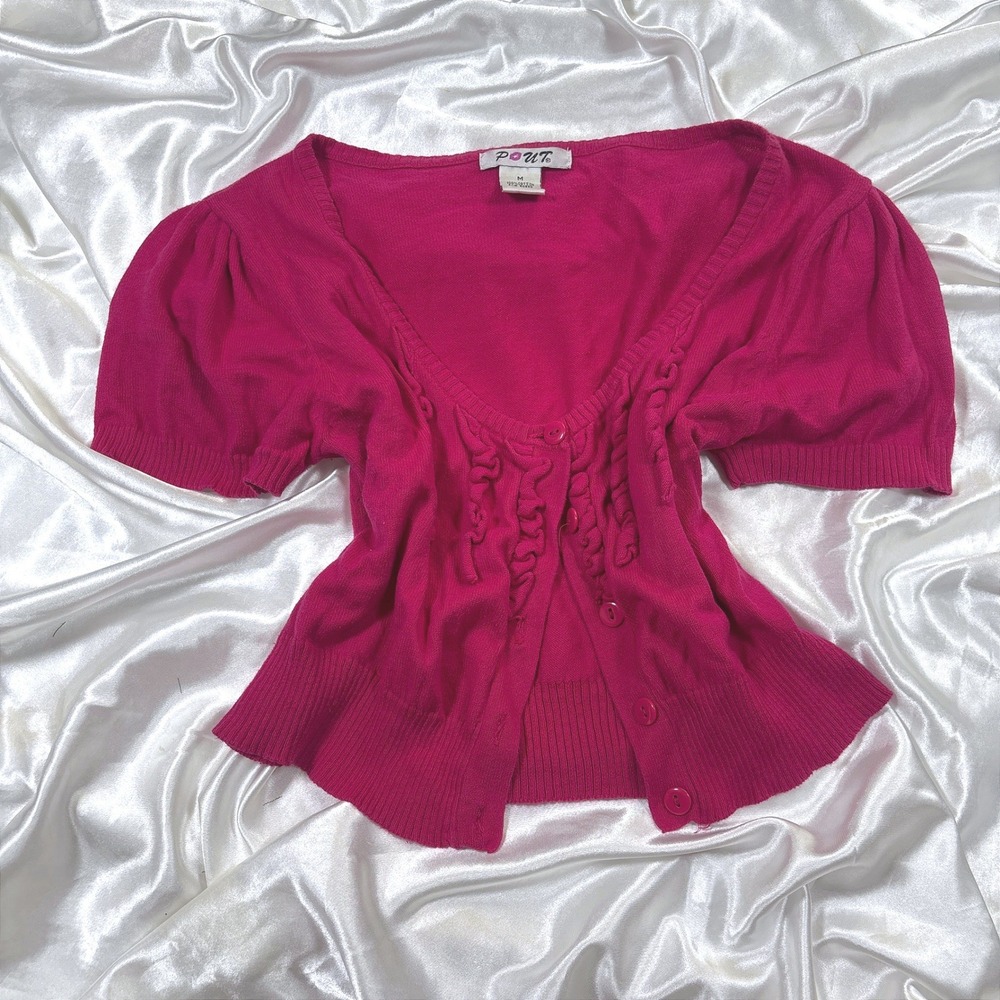 y2k Cardigan Hot Pink Excellent Ruffle Trim Puff Sleeve Cotton Knit Pout M